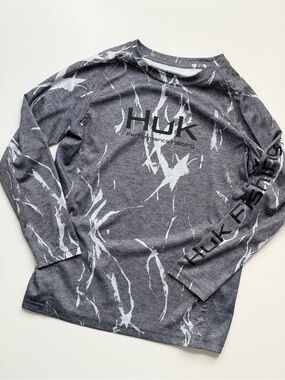 Huk Performance Fishing Kids Long Sleeve Shirt - Heather Charcoal and White